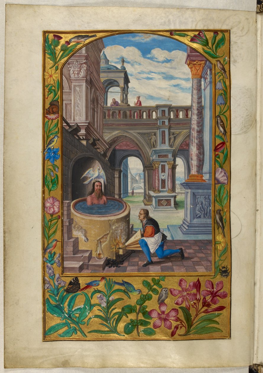 Ms Harley 3469, f.21v Mies kylpemässä sisäpihalla, Seitsemäs vertaus, Salomon Trismosinin Splendor Solisista tekijältä German School