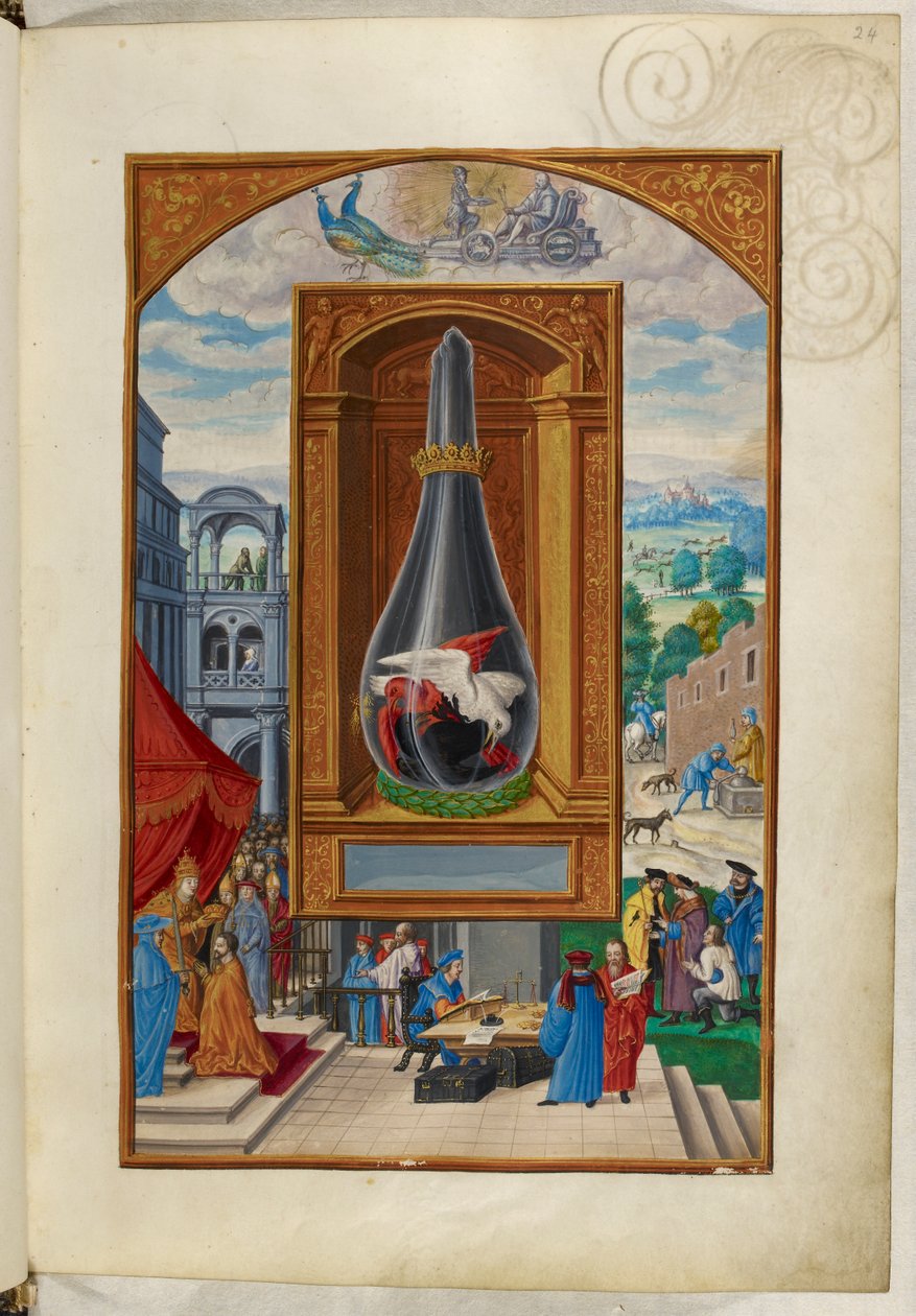 Ms Harley 3469, f.24 Kolme lintua taistelemassa pullossa, neljäs tutkielma, Salomon Trismosinin Splendor Solisista tekijältä German School