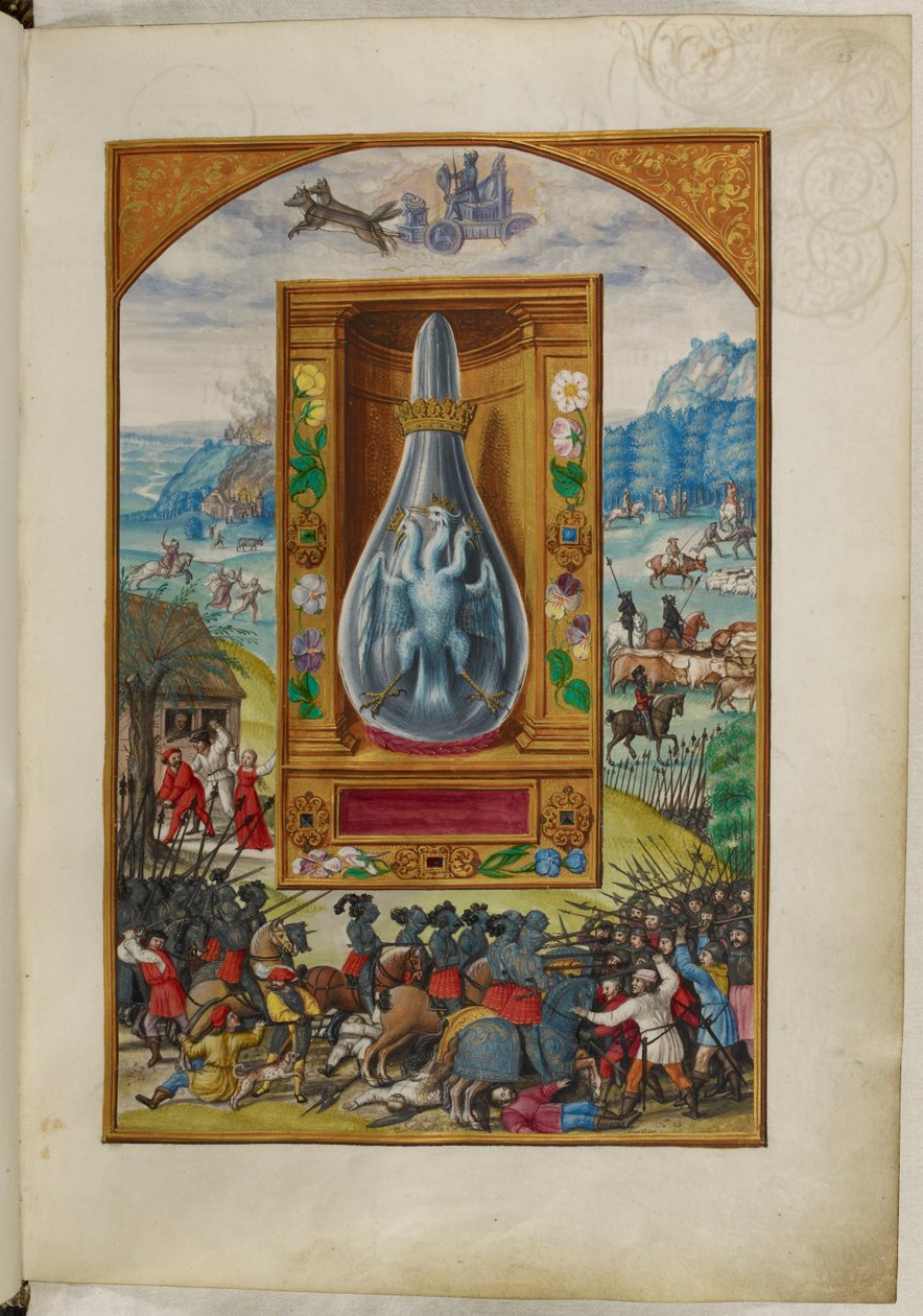 Ms Harley 3469, f.25 Kolmipäinen lintu pullossa, neljäs tutkielma, Salomon Trismosinin teoksesta Splendor Solis tekijältä German School