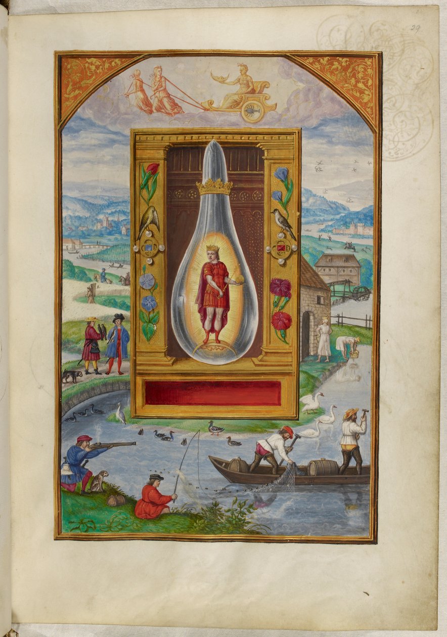 Ms Harley 3469, f.29 Nuori kuningas pullossa, neljäs traktaatti, Salomon Trismosinin Splendor Solisista tekijältä German School
