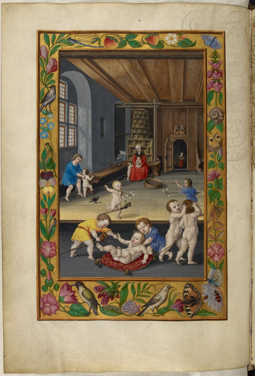 Ms Harley 3469, f.31v Lapset leikkimässä huoneessa, viides traktaatti, Salomon Trismosinin Splendor Solisista tekijältä German School