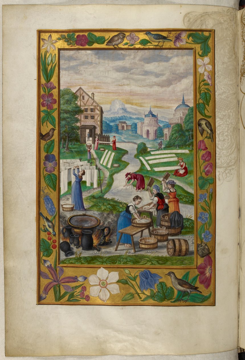 Ms Harley 3469, f.32v Pyykinpesussa työskentelevät naiset, viides tutkielma, Salomon Trismosinin Splendor Solisista tekijältä German School
