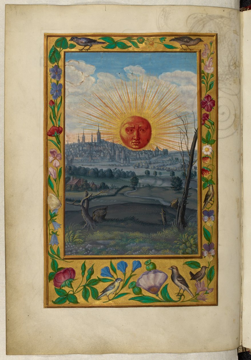 Ms Harley 3469, f.33v Aurinko ihmisen kasvot nousemassa, viides traktaatti, Salomon Trismosinin Splendor Solisista tekijältä German School