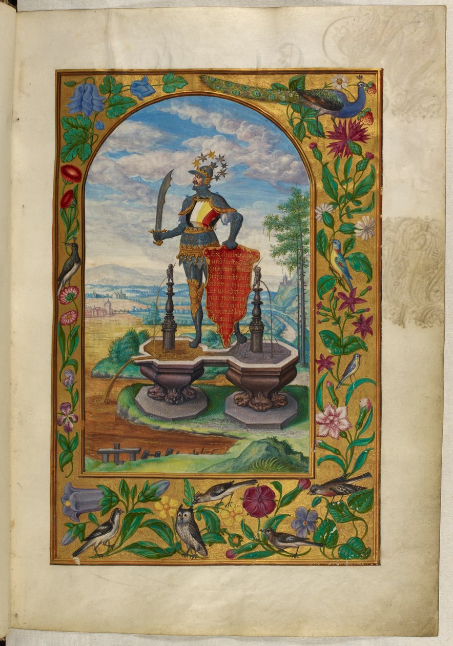 Ms Harley 3469, f.7 Ritari seisomassa suihkulähteillä, toinen traktaatti, Salomon Trismosinin Splendor Solis -kirjasta tekijältä German School