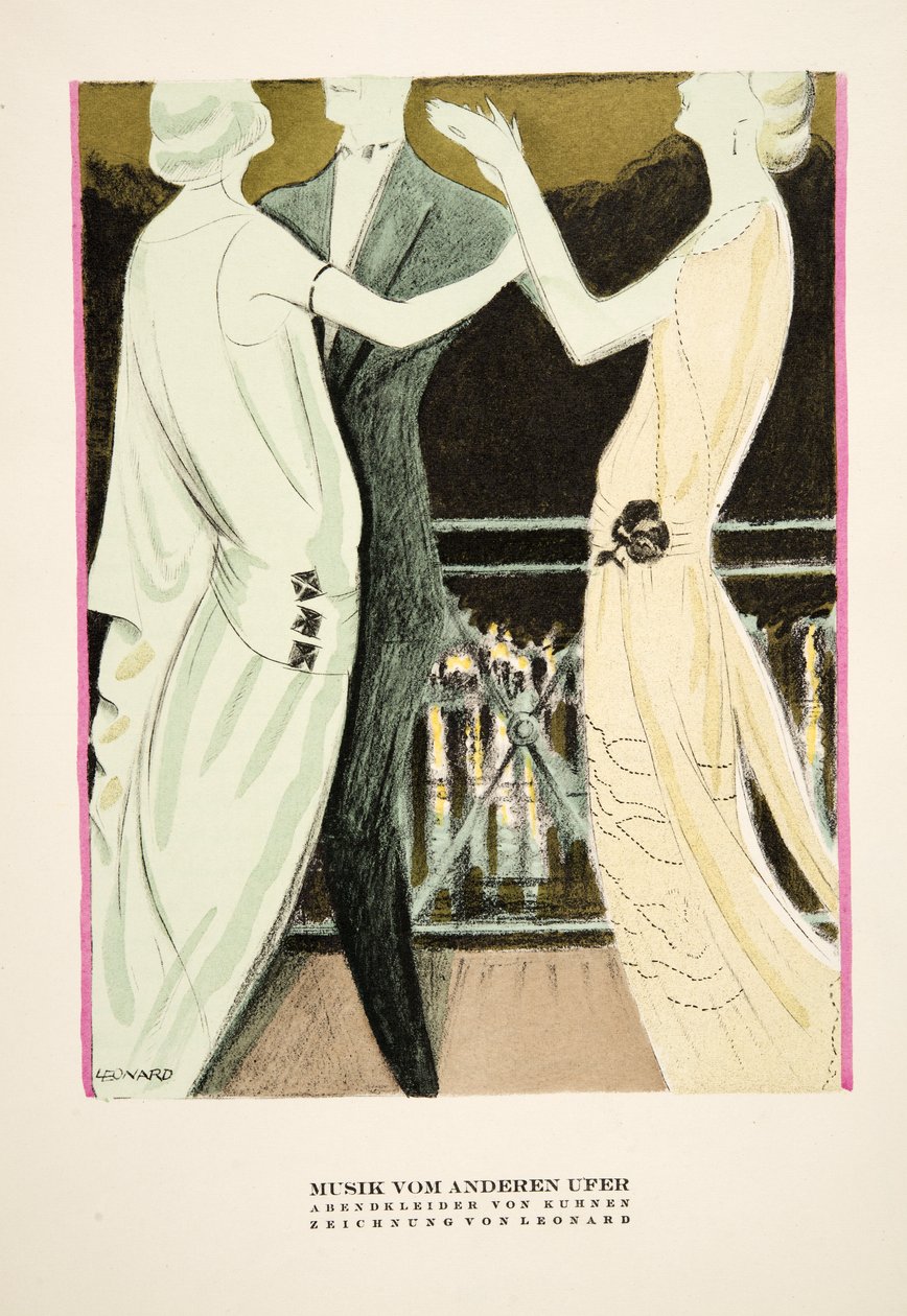 "Musik vom Anderen Ufer", Kuhnenin iltapukujen mainos, julkaisusta Styl, pub.1922 (pokkaripainatus). tekijältä German School