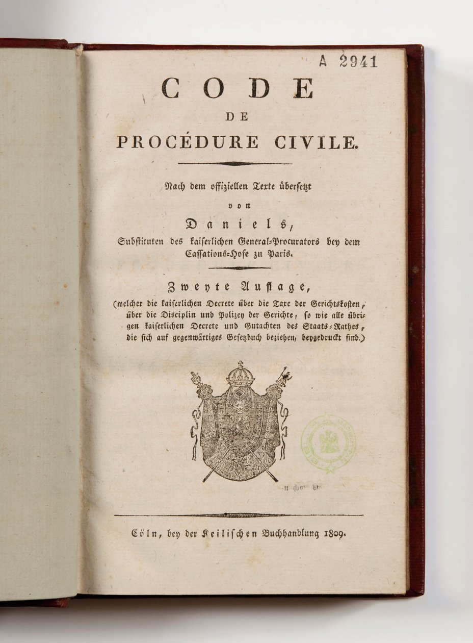 Napoleonin siviiliprosessilainsäädäntö Reinin vasemman rannan Ranskan departementeille, avoinna otsikkosivulla, Koln, 1809 (painettu paperi) tekijältä German School
