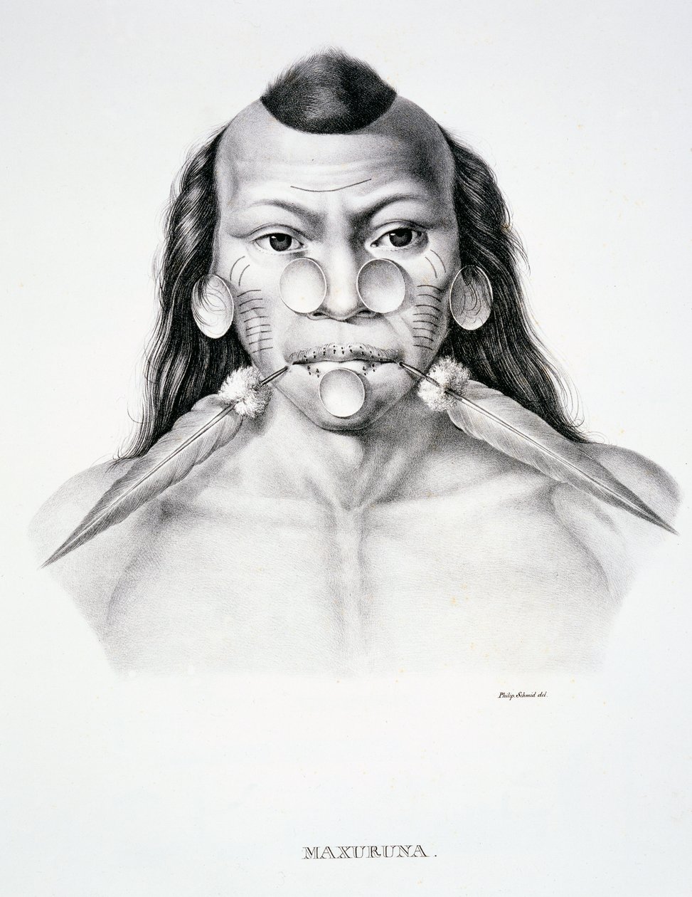 Maxuruna-heimon alkuperäismies, kasvokoristeella, Atlas of a Journey in Brasiliassa, kirjoittaneet tohtori von Spix ja tohtori von Martius tekijältä German School