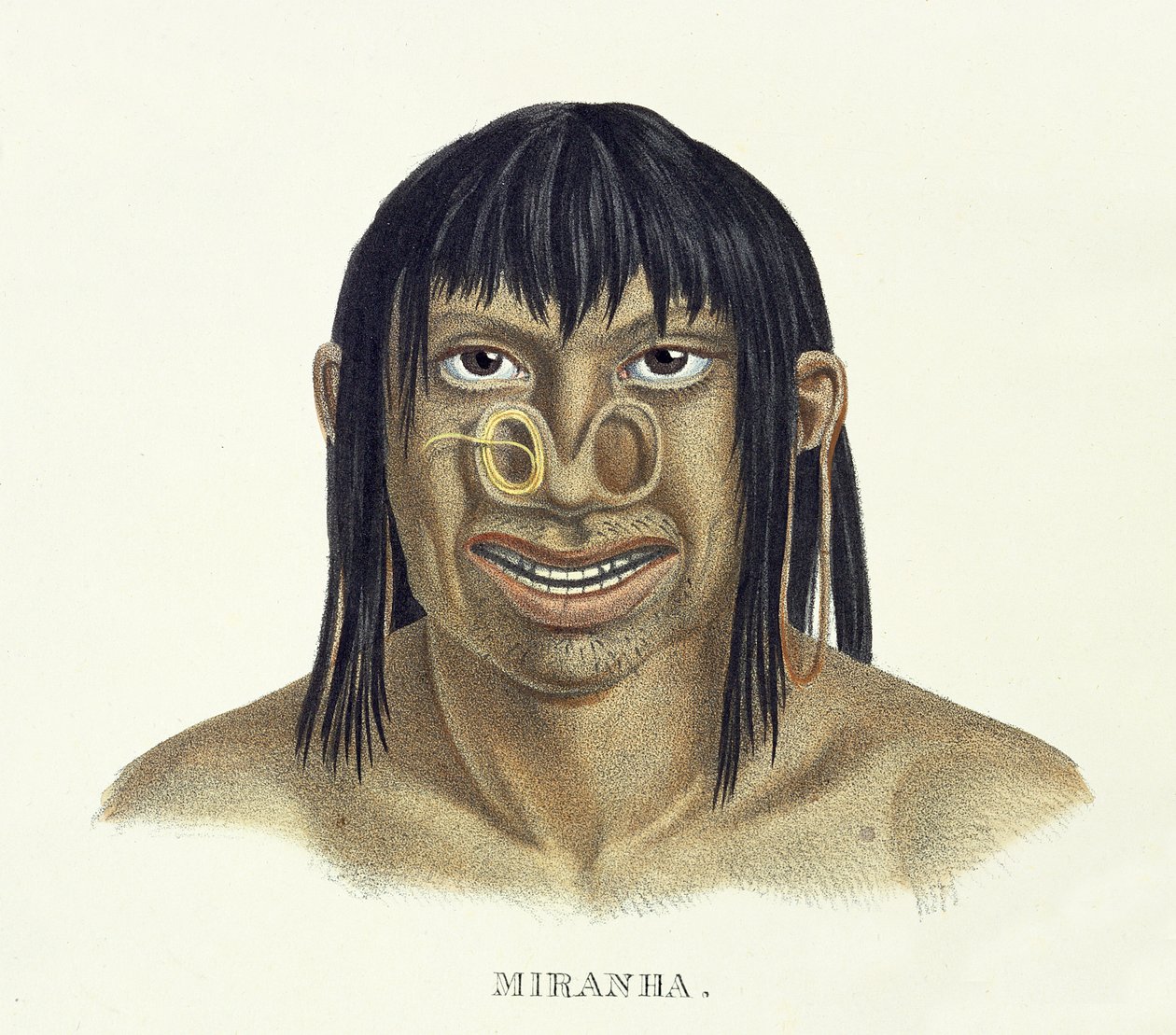 Miranha-heimon syntyperäinen mies, nenäkoristelu, Johann Baptist von Spixin (1781-1826) ja Karl Friedrich Philipp Martiuksen (1794-1868) Atlas of a Journey in Brazil, julkaistu n. 1835-1850 (col) tekijältä German School