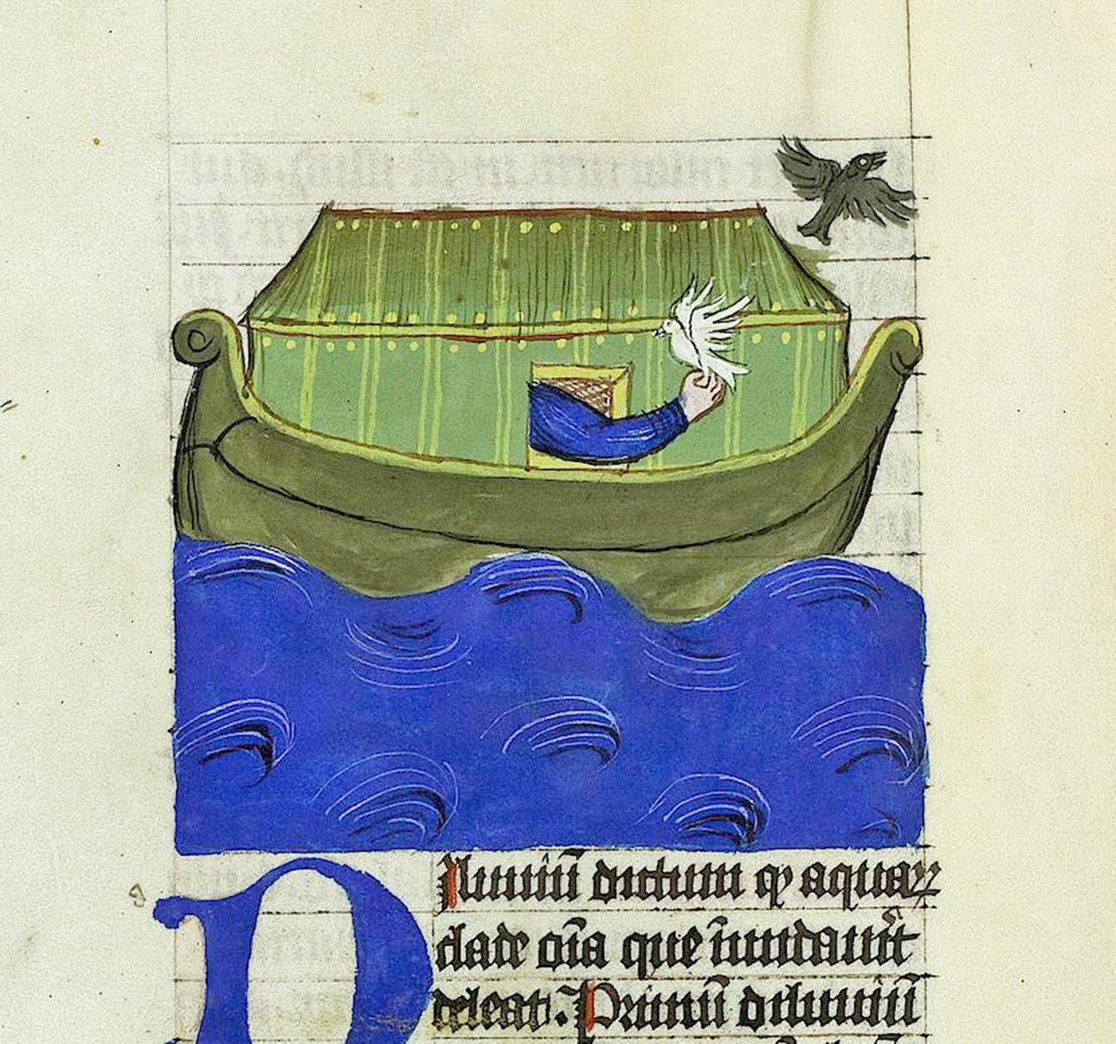 Nooa vapauttaa Kyyhkynen ja korpin, De Rerum Natura - Rabanus Maurus, n. 1425 (guassi vellumissa) tekijältä German School