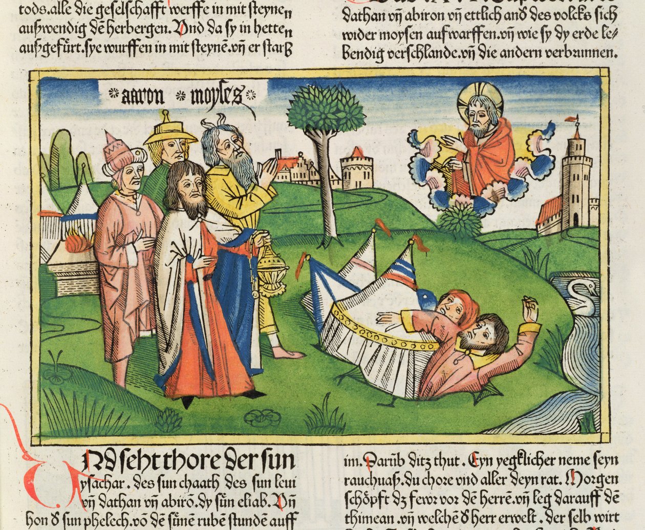 Numero 16 32 Maa nielee kapinalliset Datanin ja Abiramin, Nürnbergin Raamatusta (Biblia Sacra Germanaica) (värillinen puupiirros) tekijältä German School
