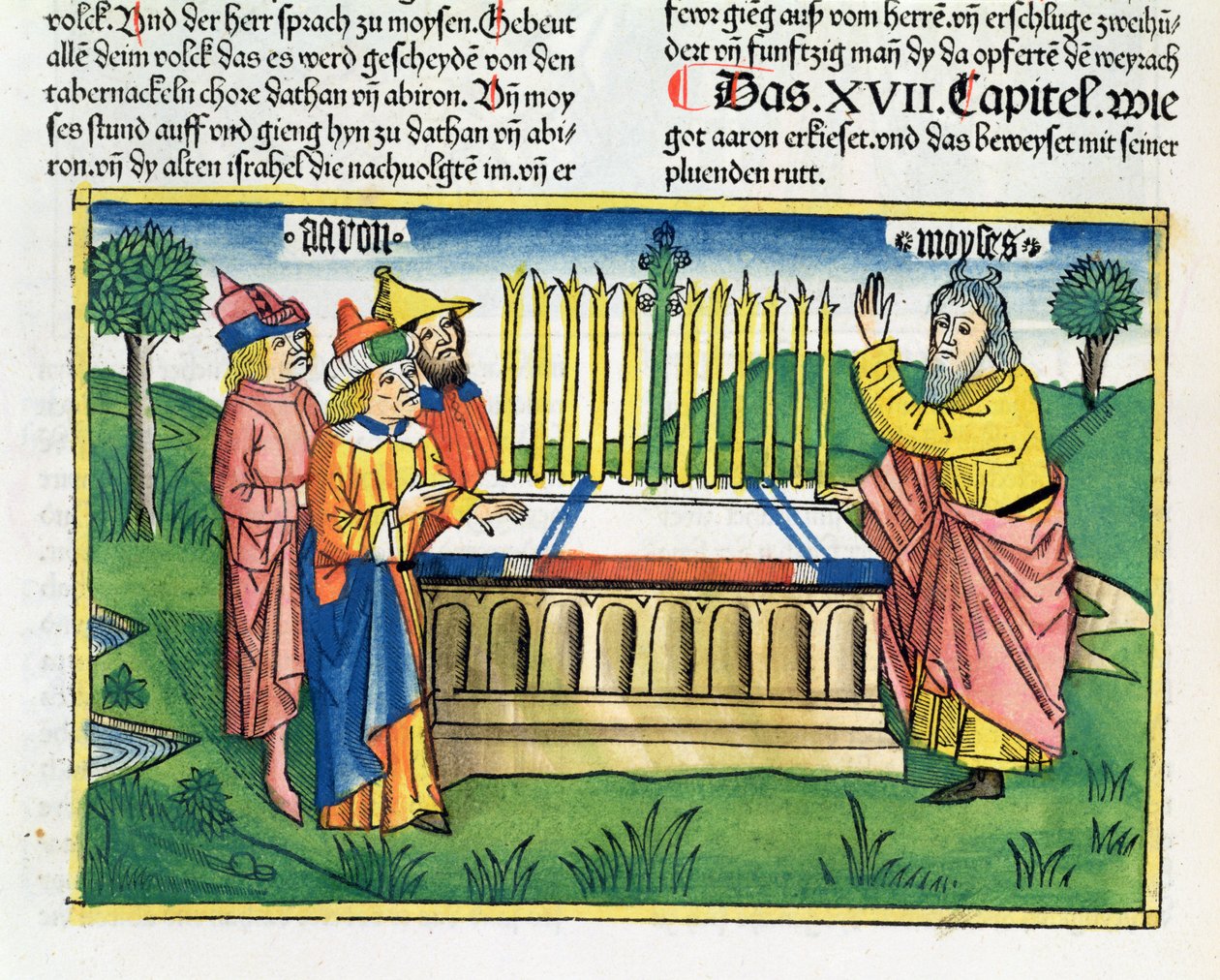 Numerot 17 1-11 Aaronin sauva kukkii alttarilla, Nürnbergin Raamatusta (Biblia Sacra Germanaica) (värillinen puupiirros) tekijältä German School