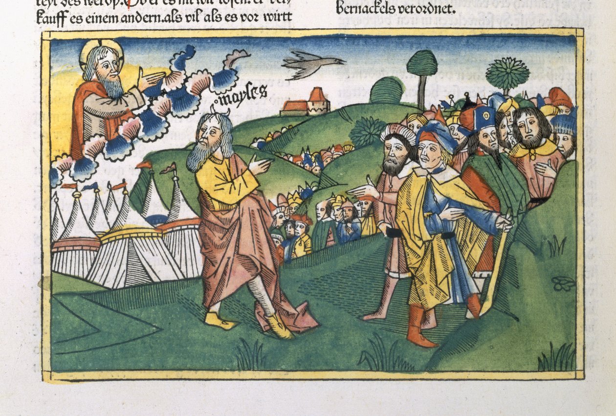 Numerot 1 1-20 Valmistautuminen matkalle Siinain vuorelta, Nürnbergin Raamatusta (Biblia Sacra Germanaica) (värillinen puupiirros) tekijältä German School