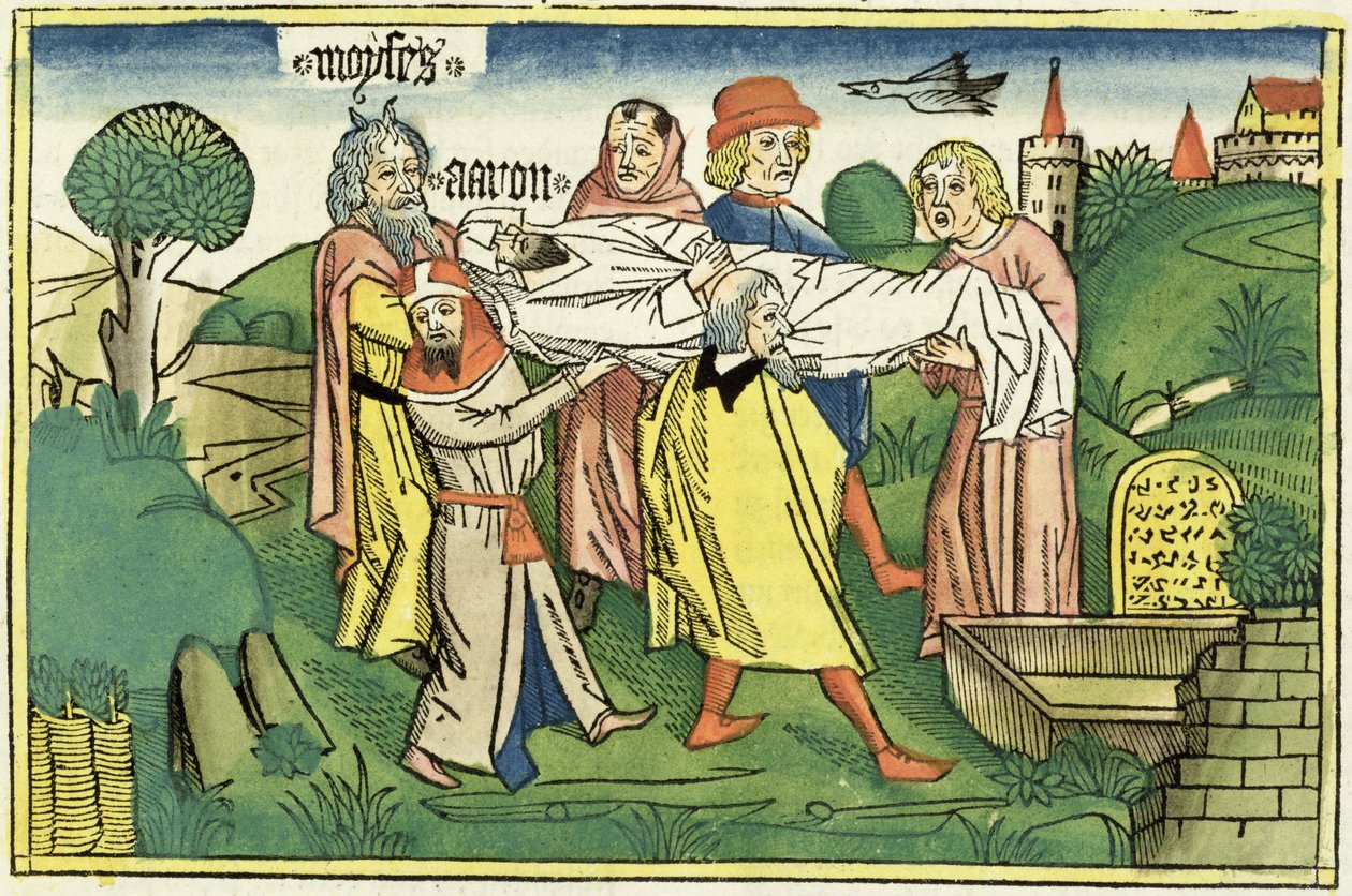 Numerot 20 22-29 Aaronin kuolema, Nürnbergin Raamatusta (Biblia Sacra Germanaica) (värillinen puupiirros) tekijältä German School