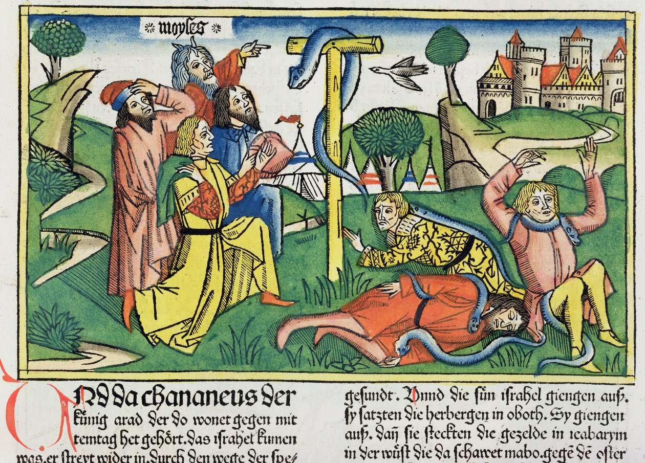 Numerot 21 4-9 Myrkylliset käärmeet purevat kapinallisia israelilaisia, Nürnbergin Raamatusta (Biblia Sacra Germanaica) (värillinen puupiirros) tekijältä German School
