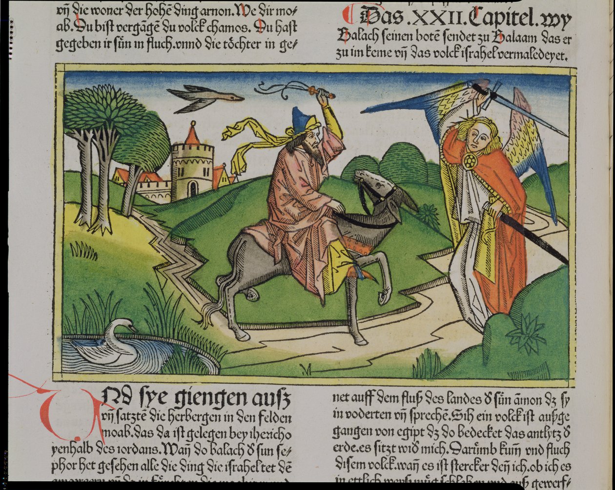 Numerot 22 20-35 Balaams puhuva aasi, Nürnbergin Raamatusta (Biblia Sacra Germanaica) (värillinen puupiirros) tekijältä German School