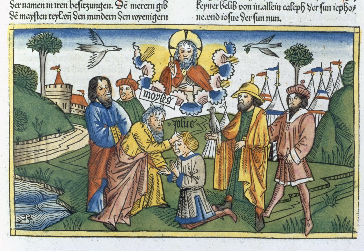 Num. 27 18-23 Mooses laskee kätensä Joshuan päälle, Nürnbergin Raamatusta (Biblia Sacra Germanaica) (värillinen puupiirros) tekijältä German School