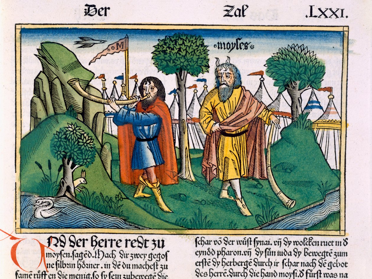 Numero 2 Israelilaisten leiritehtävät, Nürnbergin Raamatusta (Biblia Sacra Germanaica) (värillinen puupiirros) tekijältä German School