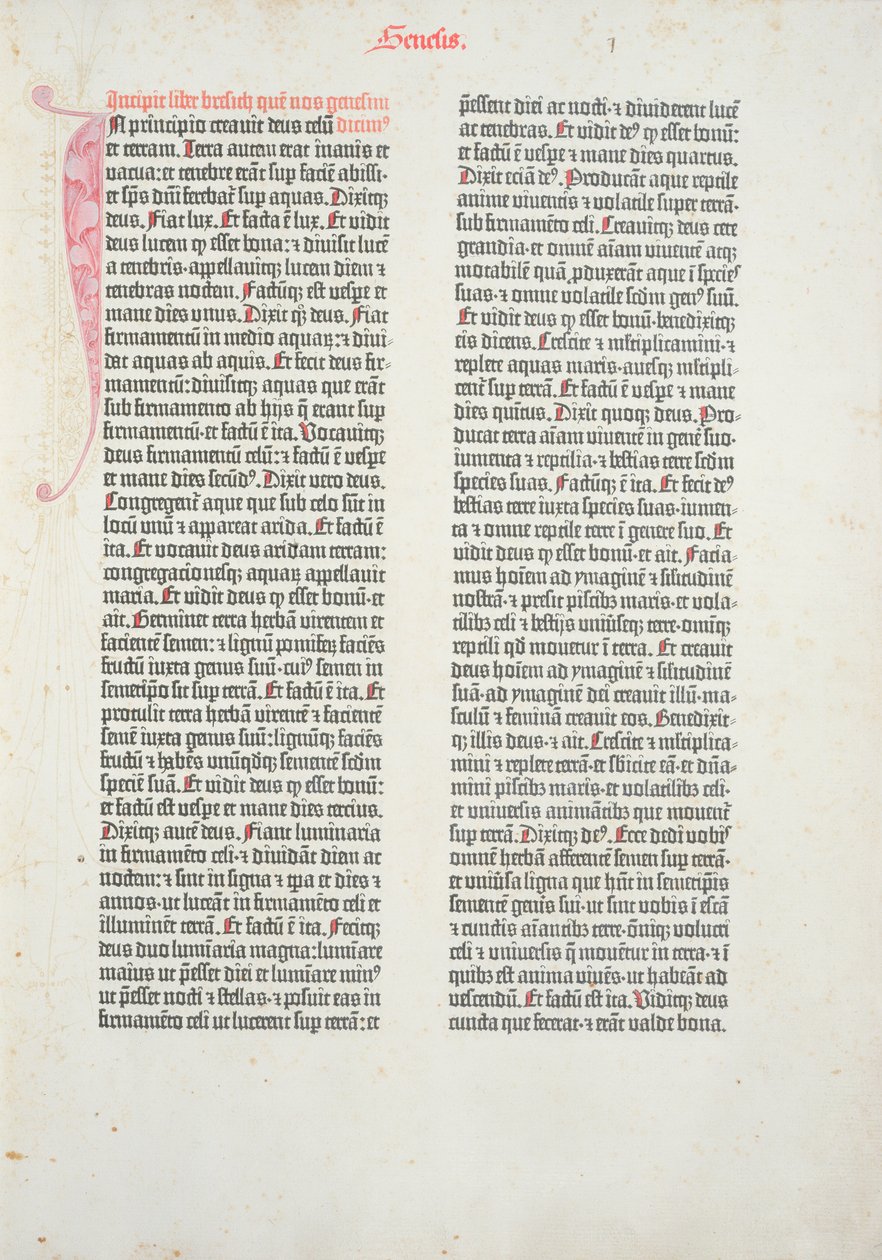 Ensimmäinen Mooseksen kirja Gutenbergin Raamatusta, painettu Johannes Gutenberg (n. 1400-68) ja Peter Schoeffer (1425-1502) Mainzissa, 1454-56 (painettu paperi) tekijältä German School