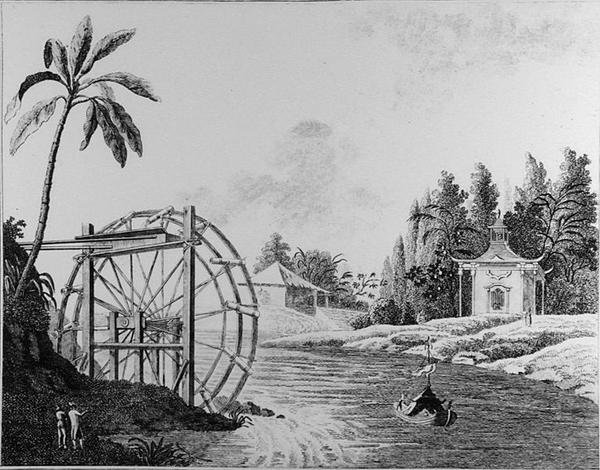 Koristeellinen vesipyörä kiinalaisella paviljongilla ja purjeveneellä, kirjasta "Viimeaikaiset uudet ideat puutarhaan", julkaistu 1779 (kaiverrus) (m/v kuva) tekijältä German School
