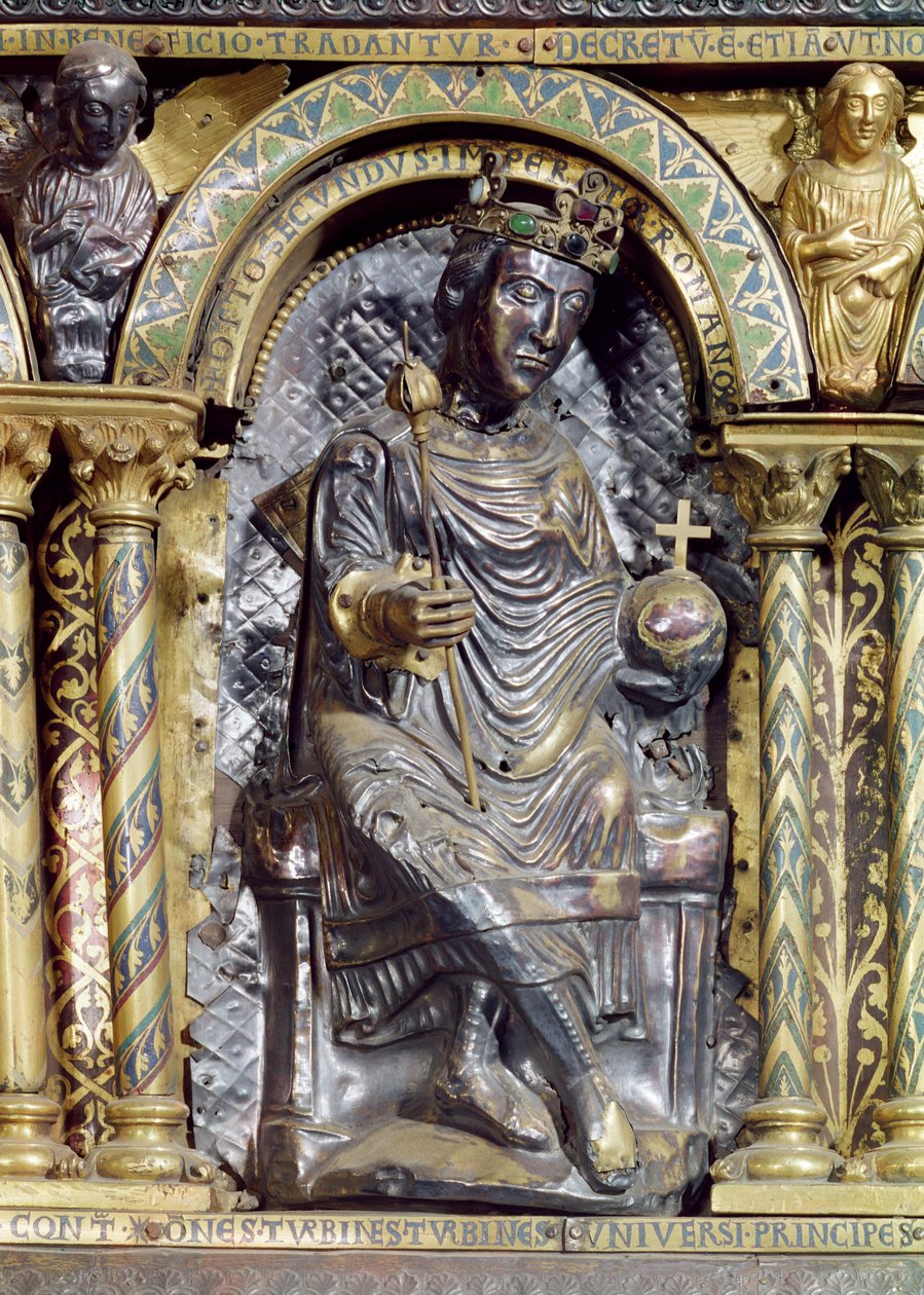 Otto II (955-83), Pyhän Rooman keisari, yksityiskohta keisari Kaarle Suuren pyhäköstä (742-814), 1215 (kulta- ja champleve-emali) tekijältä German School