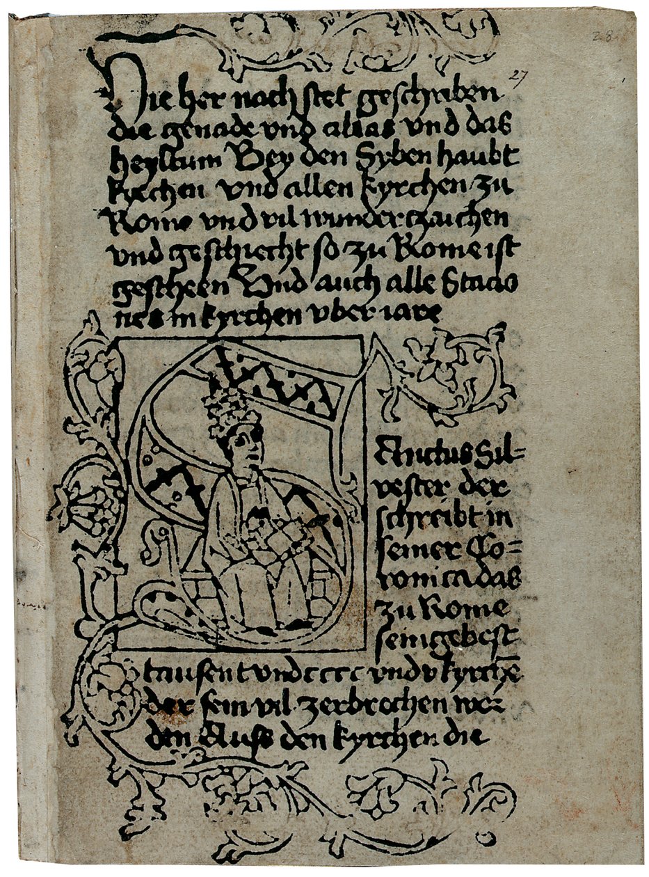 Sivu saksankielisestä kopiosta Pseudo-Aegidius Romanuksen teoksesta "The Mirabilia of Rome", mahdollisesti julkaisija Ulrich Han, Rooma, n. 1475 (puupiirros ja kynä ja muste vellumiin) tekijältä German School