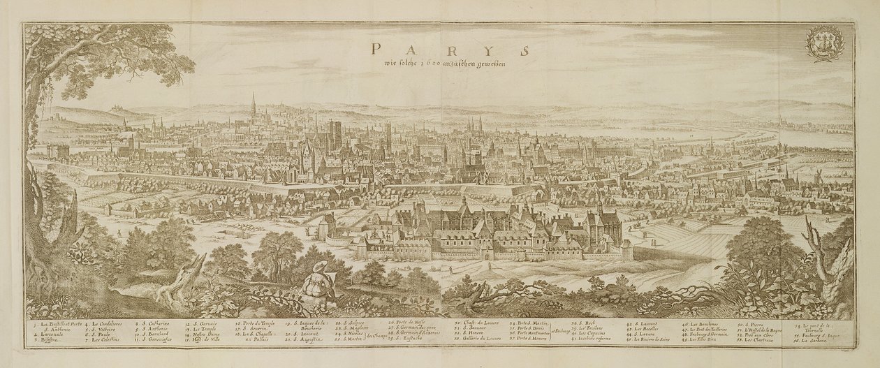 Panoraamanäkymä Pariisiin vuonna 1620, Martin Zeillerin (1589-1661) Topographia Galliaesta, julkaistu 1655 tekijältä German School