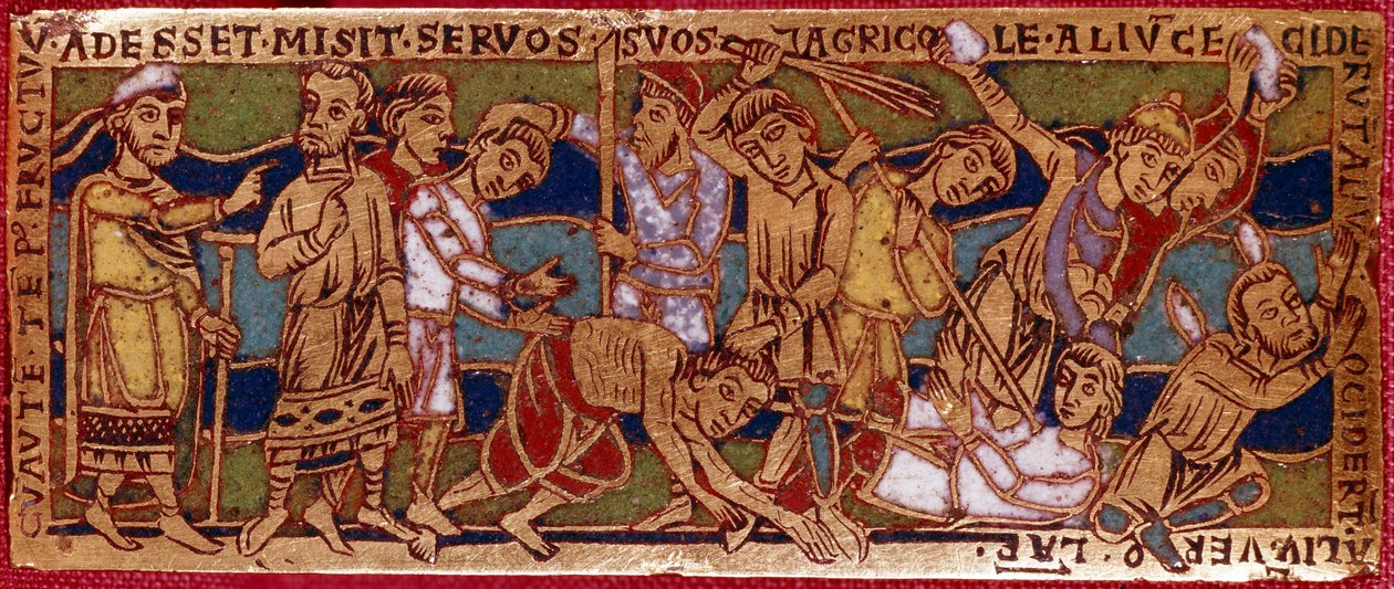 Vertaus viinipuun työntekijöistä tai vertaus yhdennentoista tunnin työntekijöistä. Emalilevy kuparilla. Rhenanen koulu. 12. vuosisadalla. Firenze, Nazionale Museo del Bargello tekijältä German School