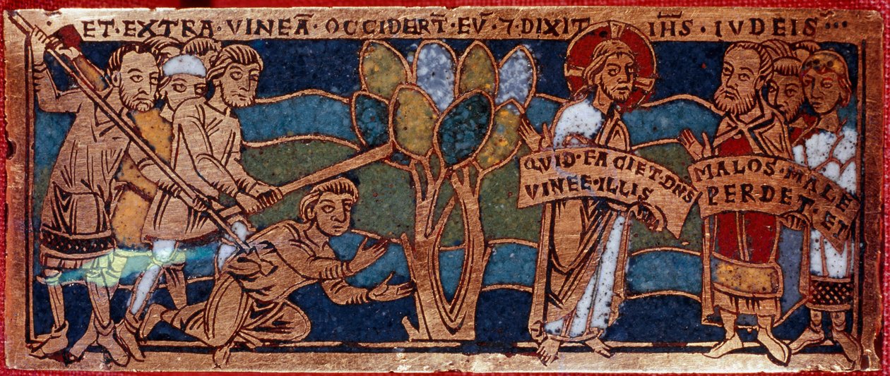 Vertaus viinipuun työntekijöistä tai vertaus yhdennentoista tunnin työntekijöistä. Emalilevy kuparilla. Rhenanen koulu. 12. vuosisadalla. Firenze, Nazionale Museo del Bargello tekijältä German School