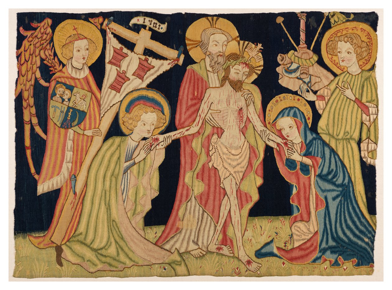 Osa alttarin edessä olevasta kuvakudoksesta, joka kuvaa Pyhää Kolminaisuutta, Neitsyt, Pyhää Johannesta ja kahta enkeliä, Nürnbergistä, n. 1420 (villaa ja pellavaa) tekijältä German School