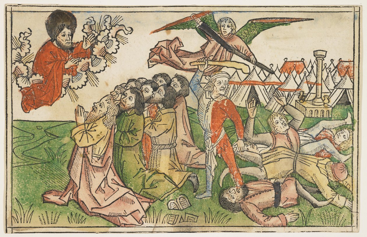Israelin kansaa rangaistiin väärien jumalien palvomisesta noin vuonna 1478, Koberger Bible, Nürnberg, 1483 (käsinvärinen puupiirros) tekijältä German School