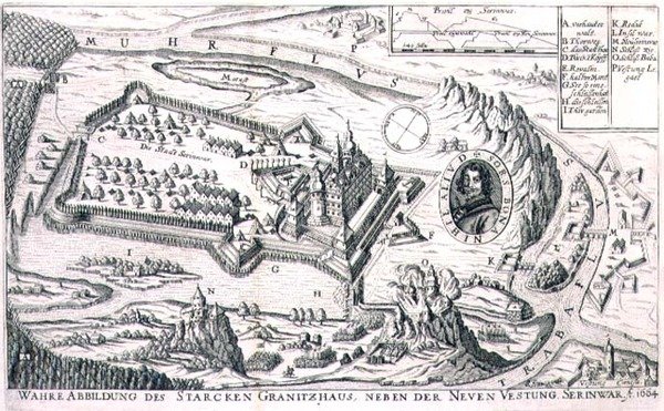 Suunnitelma graniitista linnoituksesta lähellä New Serinwaria vuonna 1664, kuvitus kirjasta ottomaanien kampanjoista Euroopassa, kaiverrettu Paul Furst (n. 1605-66) (kaiverrus) tekijältä German School