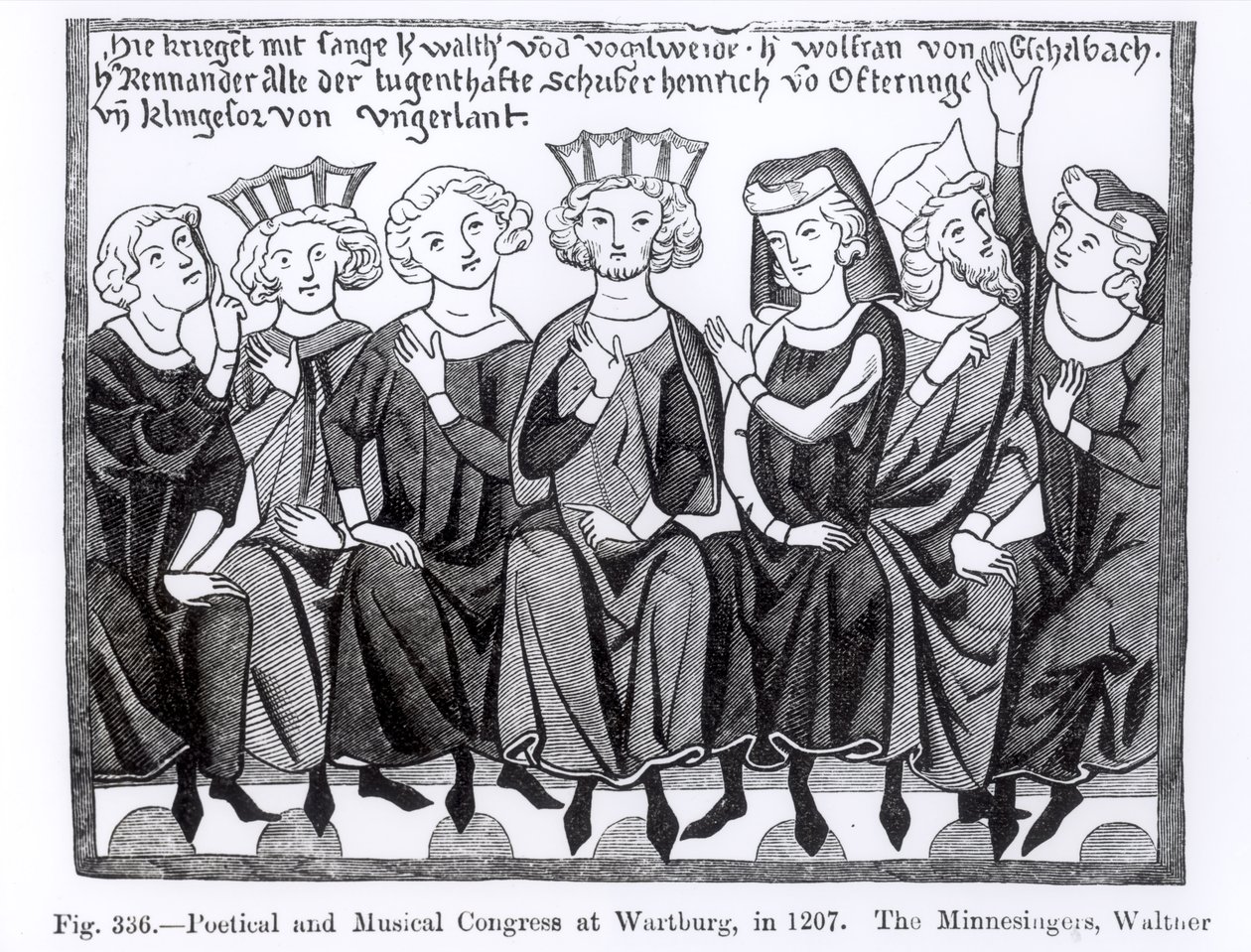 Runollinen ja musiikillinen kongressi, Wartburg, 1207, kuvitus tieteestä ja kirjallisuudesta keskiajalla ja renessanssilla, kirjoittanut ja kaivertanut Paul Lacroix, 1878 tekijältä German School
