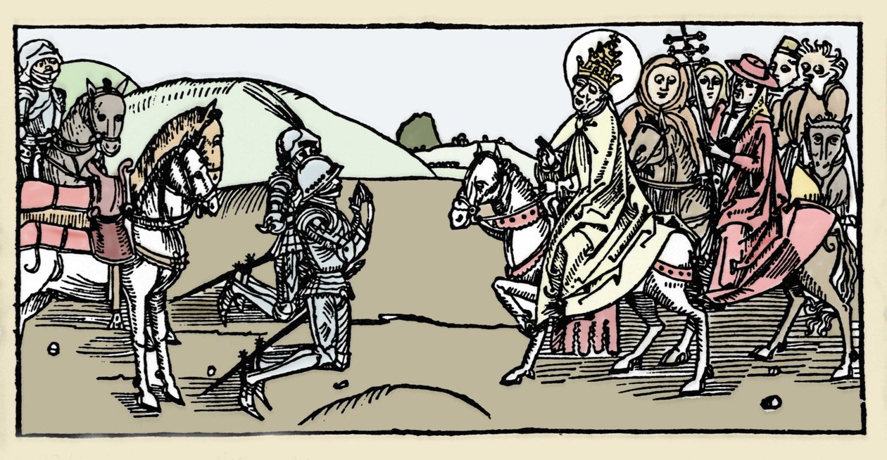 Paavi Leon I tapaa Attilan ja Arreten - Barbaarien hyökkäykset - Kaiverrus "Leben der Heiligen - sommerteil" (Pyhien kirja), jonka on kirjoittanut Jacobus (James) Voraginesta (1228-1298). Lyypekki 1488. tekijältä German School