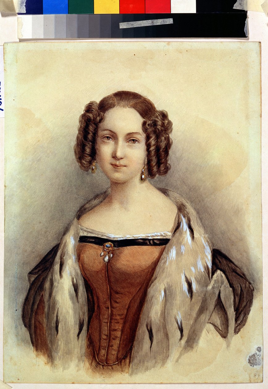 Muotokuva Hessenin ja Reinin prinsessa Mariesta (1824-1880), josta tulee Venäjän keisarinna (Hessenin ja Reinin prinsessa Marien muotokuva, Venäjän tuleva keisarinna). Anonyymi maalaus. Akvarelli paperille, 39,3 x 23 cm, loppu 1830. Saksalaista taidetta tekijältä German School