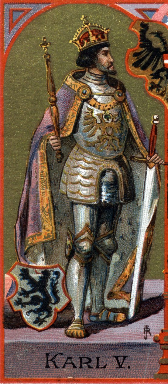 Kaarle V:n (1500-1558) muotokuva. Kromolitografia tekijältä German School