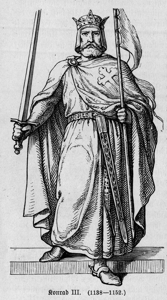 Saksan Rooman keisarin Hohenstaufenin (1093-1152) muotokuva Konrad III:sta. Kaiverrus "" Kaiser, Konig und Papft" - kirjoittaja Richard Roth tekijältä German School