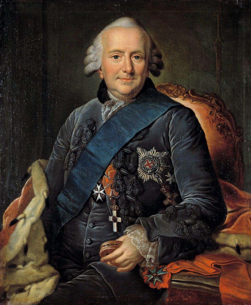 Muotokuva Ferdinandista, Brunswickin herttuasta (1721-1797), Preussin armeijan kenraalista, hän koristaa sukkanauhan ritarikunnan arvomerkkejä. Nimetön saksalainen maalaus tekijältä German School