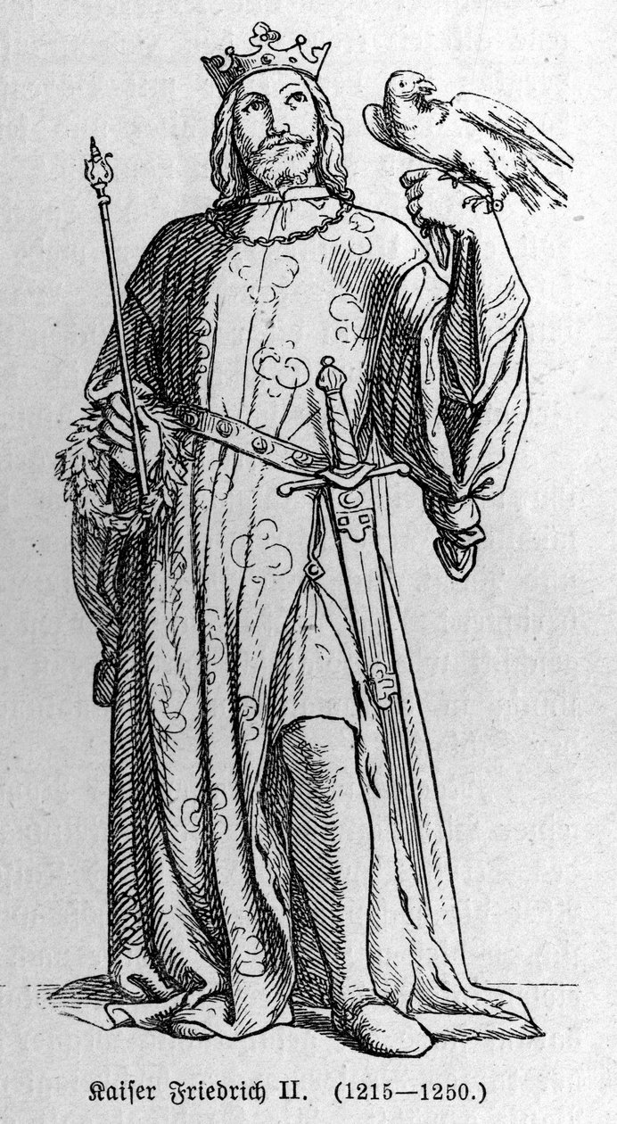 Pyhän Rooman valtakunnan kuninkaan Frederic II Hohenstaufenin (1194-1250) muotokuva. Kaiverrus "" Kaiser, Konig und Papft" - kirjoittaja Richard Roth tekijältä German School