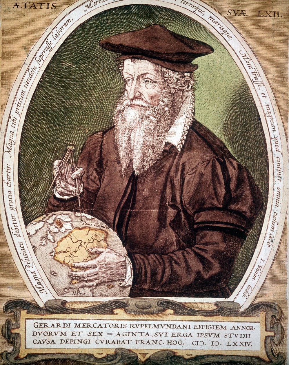 Gerhard Kremerin muotokuva Gerardus Mercatorista (1512-1594). Atlasin ensimmäisen painoksen väärä otsikko. tekijältä German School