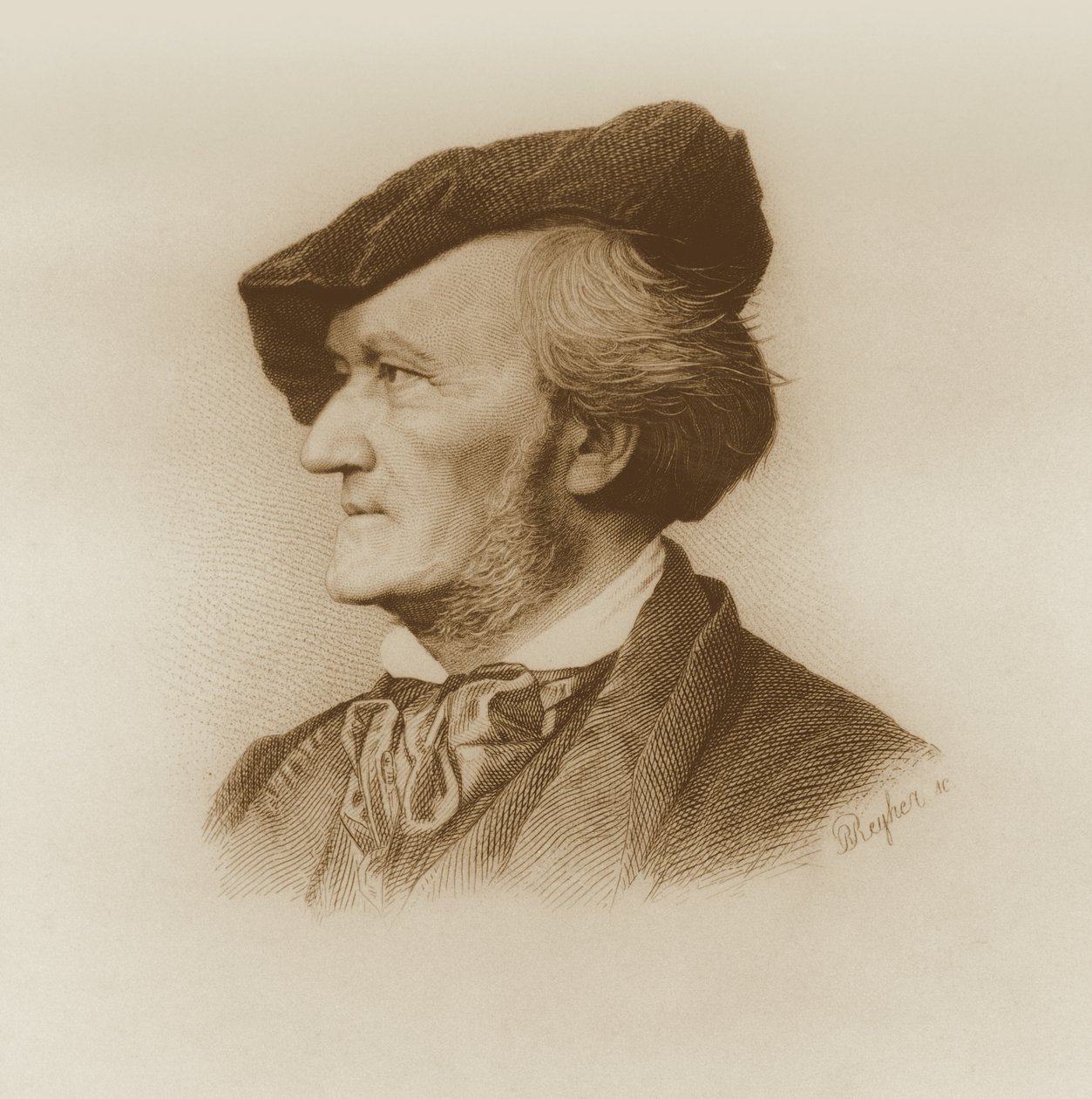 Richard Wagnerin (1813-83) muotokuva saksalaisesta säveltäjästä, kaiverrus Robert Reyher (1838-77) (katso myös 93368) tekijältä German School