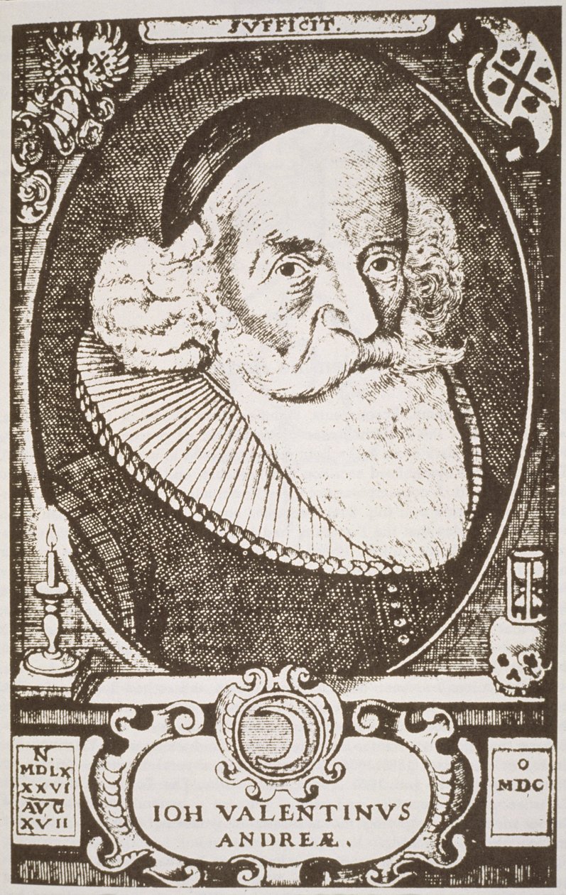Valentine Andreaen (1568-1643) muotokuva, kopio Historia of Magic -julkaisussa kuvatusta saksalaisesta kaiverruksesta, julkaistu 1800-luvun lopulla tekijältä German School