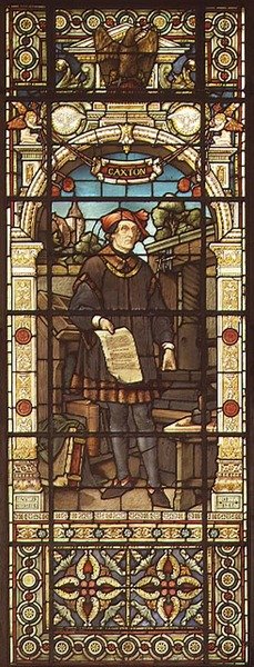 William Caxtonin (n. 1422–1491) muotokuva, Mayer and Co., Münchenissä toimiva Lontoossa toimiva yritys, n. 1880 (lasimaalaus) tekijältä German School