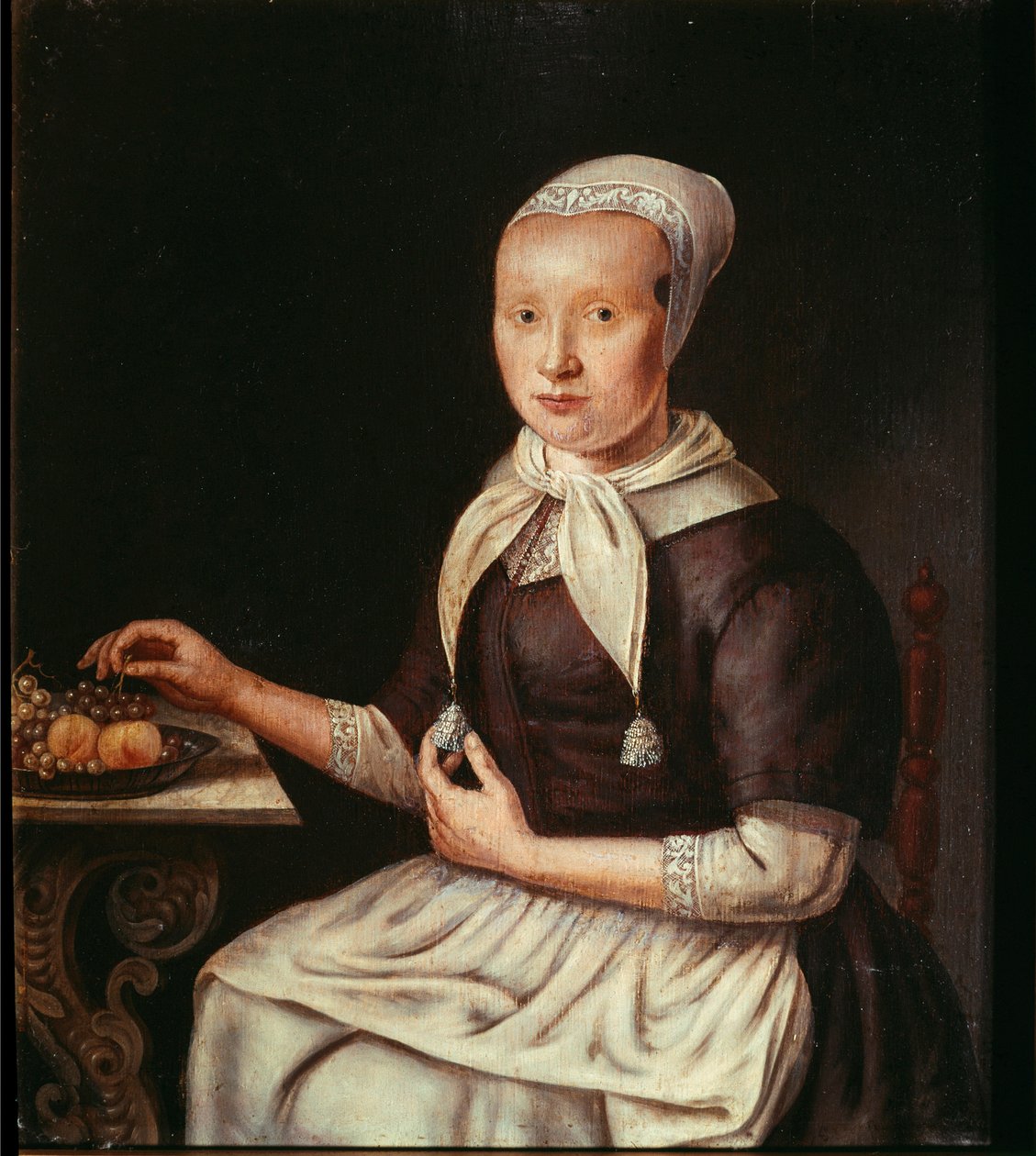 Muotokuva saksalaisesta talonpojasta hedelmälautasella Saksalaisen koulun maalaus. 1600-luvun Trevise, museo civico tekijältä German School