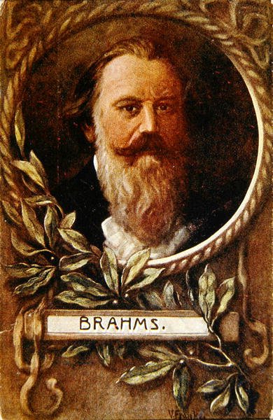 Postikortti, joka kuvaa Johannes Brahmsia (1833-97) n. 1910 (värilitho) tekijältä German School