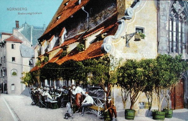 Postikortti, joka kuvaa Bratwurstglocklein-ravintolaa Nürnbergissä, ennen vuotta 1914 (värillinen kuva) tekijältä German School