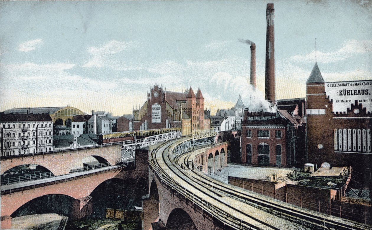 Postikortti, joka kuvaa maanpäällistä metroa Berliinissä ennen vuotta 1910 tekijältä German School