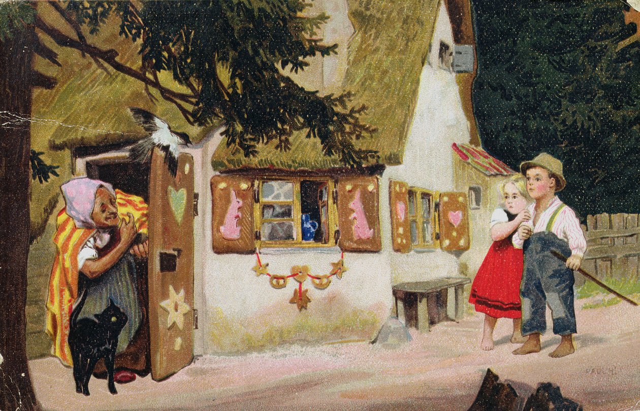 Postikortti, joka kuvaa noitaa kutsumassa Hanselia ja Kerttua sisään piparkakkutaloon, n. 1910 tekijältä German School