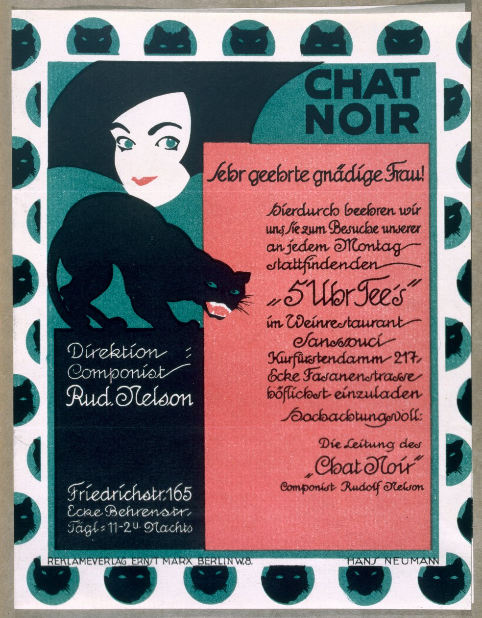 Juliste, joka mainostaa "Chat Noir" -kabareeta Berliinissä. tekijältä German School