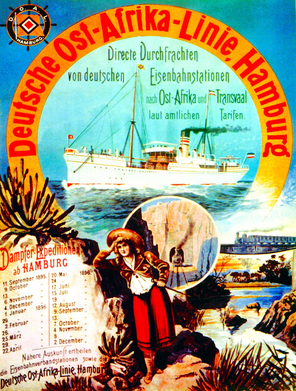Juliste, joka mainostaa saksalaista East Africa Linea, Hampuri, 1895 tekijältä German School