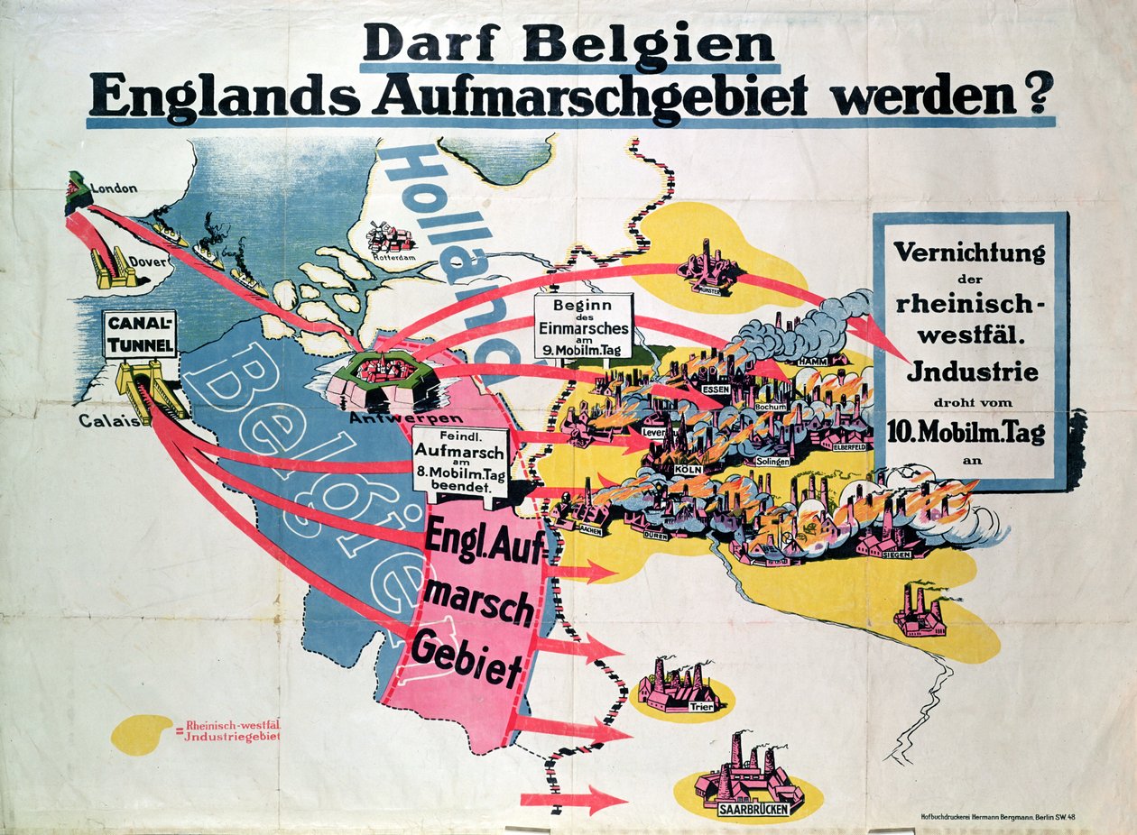 Juliste, joka ilmaisee Saksan huolen Belgian ja Englannin yhdistävän kanaalin tunnelin rakentamisesta, n. 1914–1918 tekijältä German School